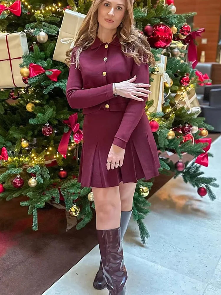 Strick Zweiteiler Damen – Eleganter Cardigan mit Knöpfen & Minirock